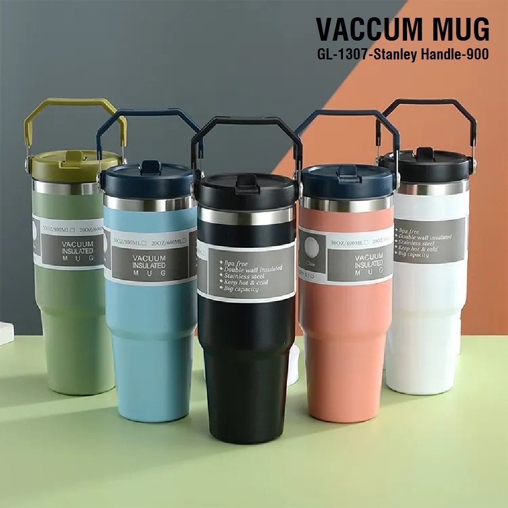 Stainless Steel Coffee Mug Thermos 900ml Insulated Tumbler with Handle & Straw In-Car Vacuum Flask for Hot Drinks