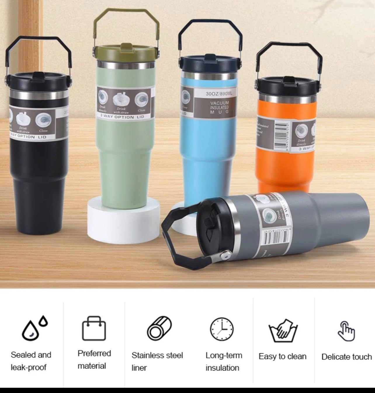 Stainless Steel Coffee Mug Thermos 900ml Insulated Tumbler with Handle & Straw In-Car Vacuum Flask for Hot Drinks