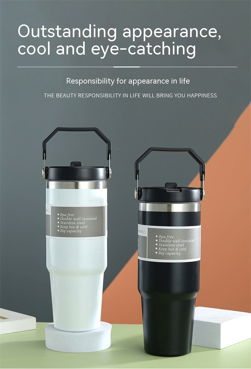 Stainless Steel Coffee Mug Thermos 900ml Insulated Tumbler with Handle & Straw In-Car Vacuum Flask for Hot Drinks