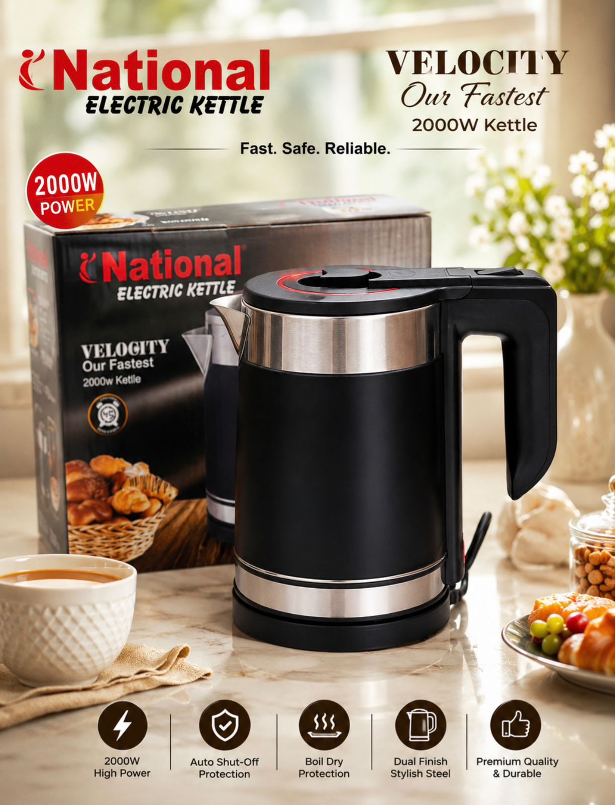 National Electric Kettle 2.2L 2000w Power